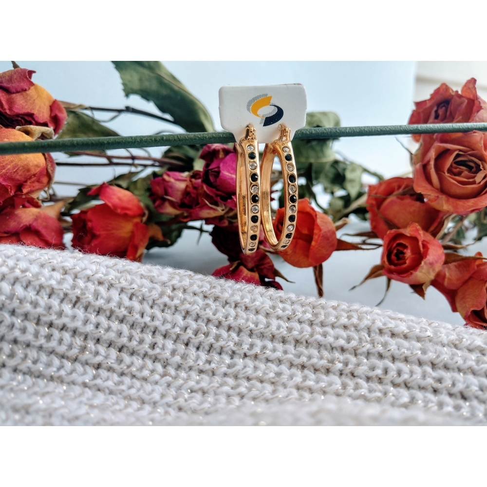 NEW Cracco Hoop Earrings Gold Black Rhinestone